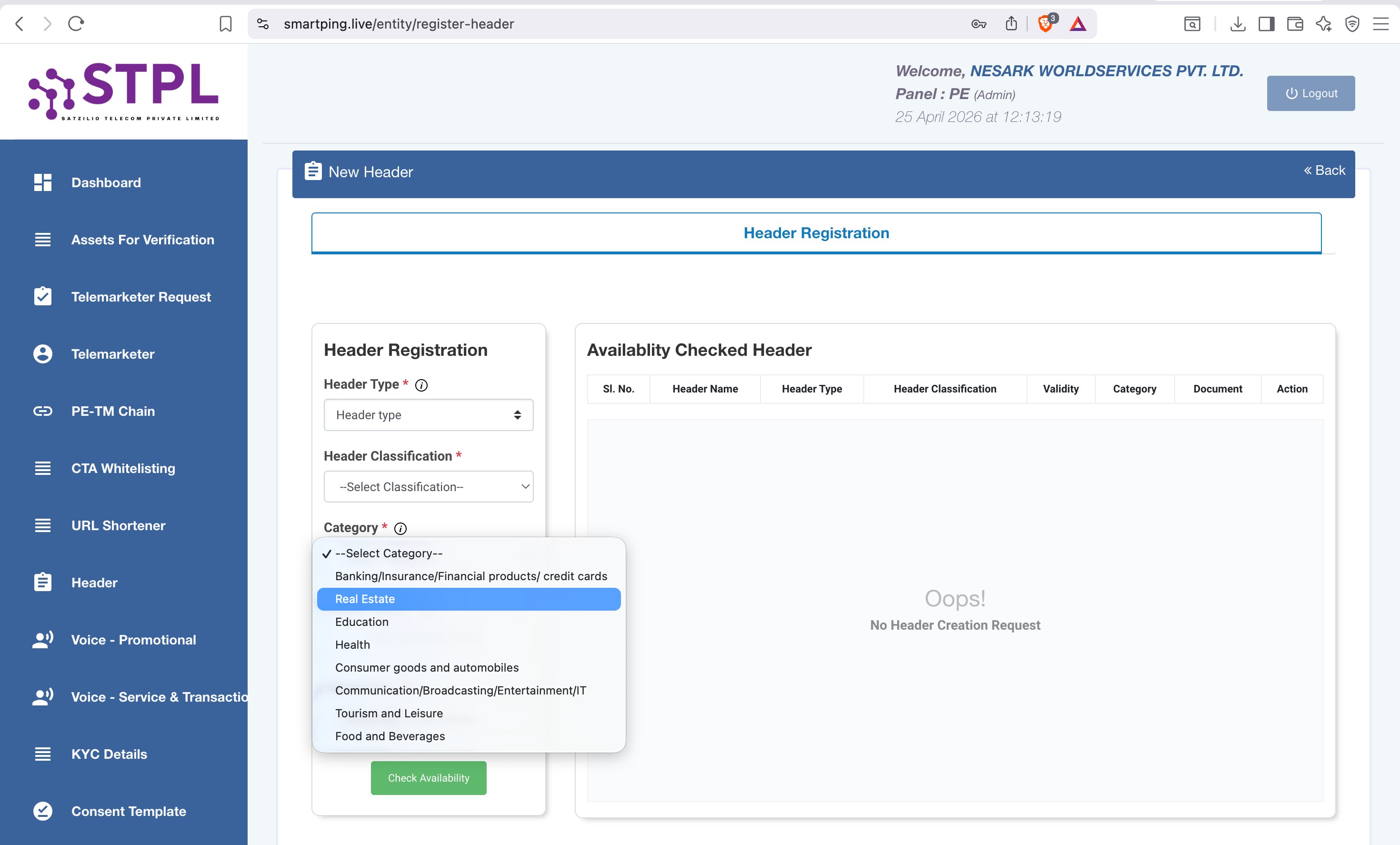 Category dropdown — select your industry