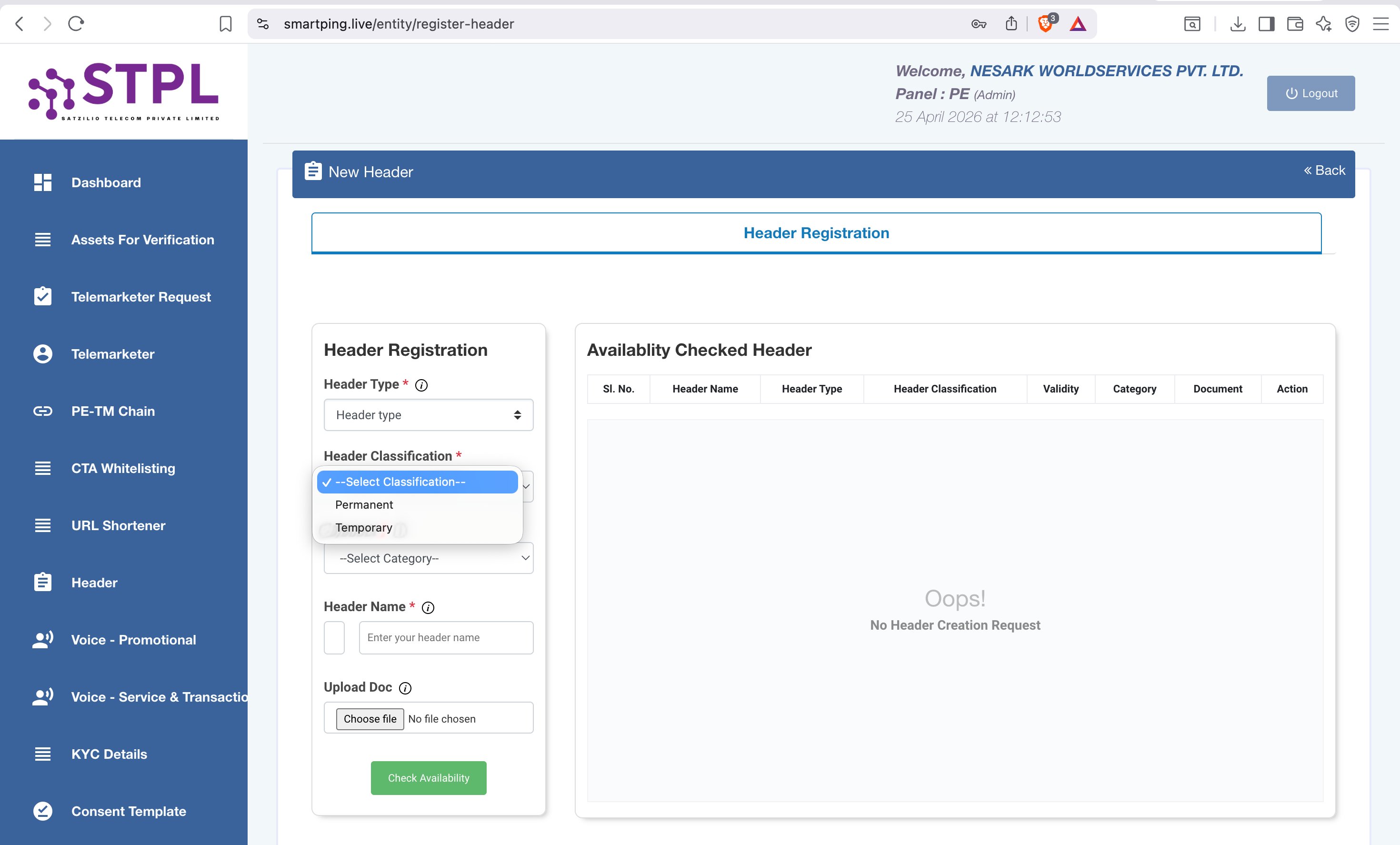 Header Classification dropdown — Permanent or Temporary