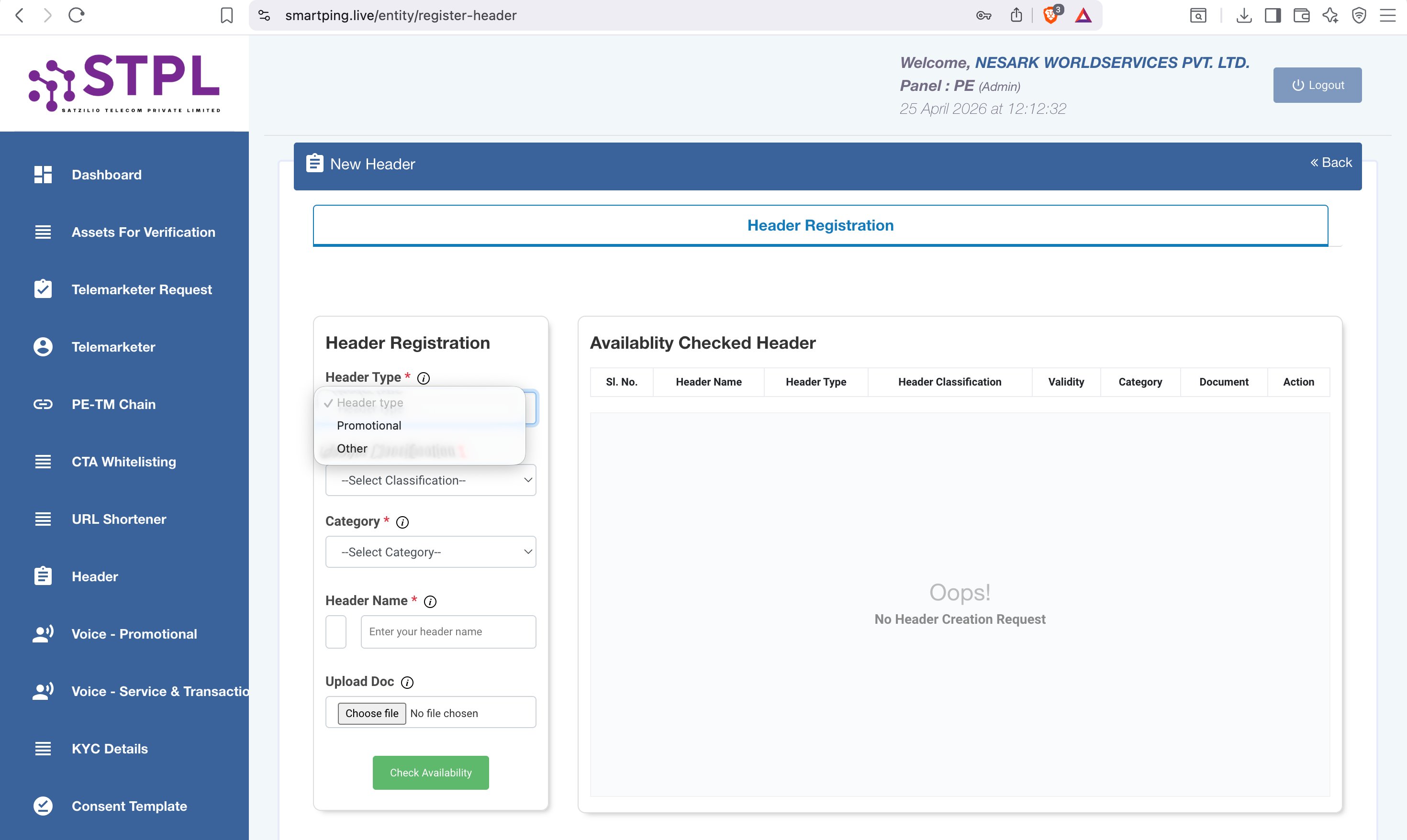 Header Type dropdown — only 2 options