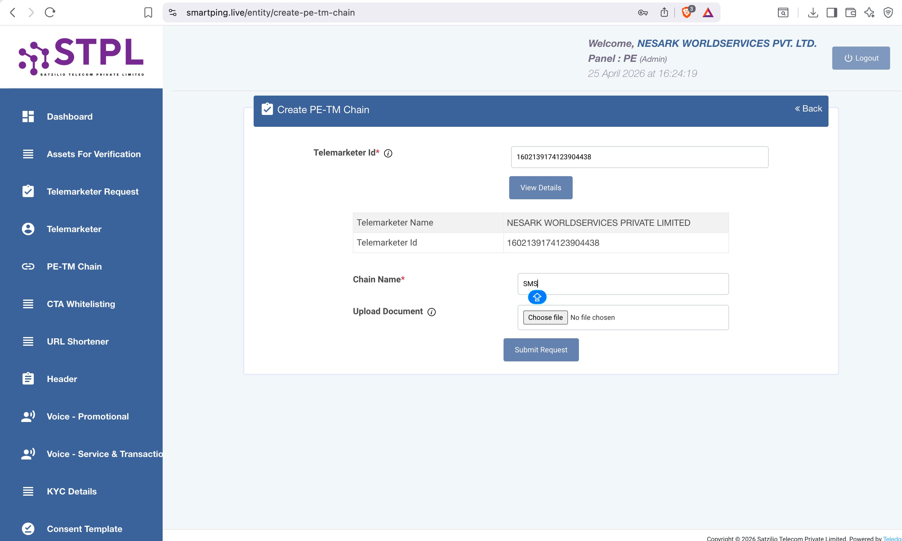 SmartPing Create PE-TM Chain Form