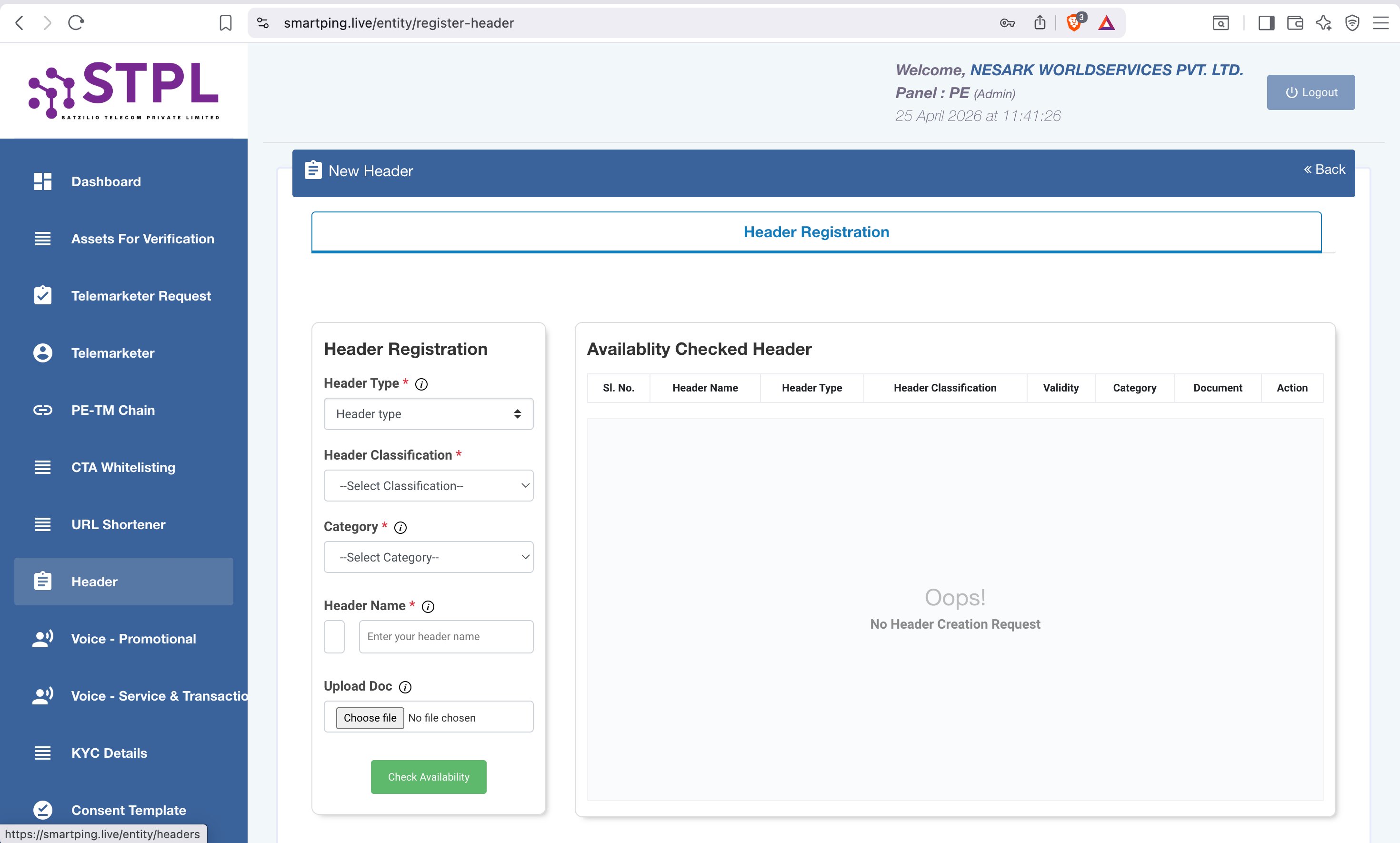 SmartPing — Header Registration Form (smartping.live/entity/register-header)