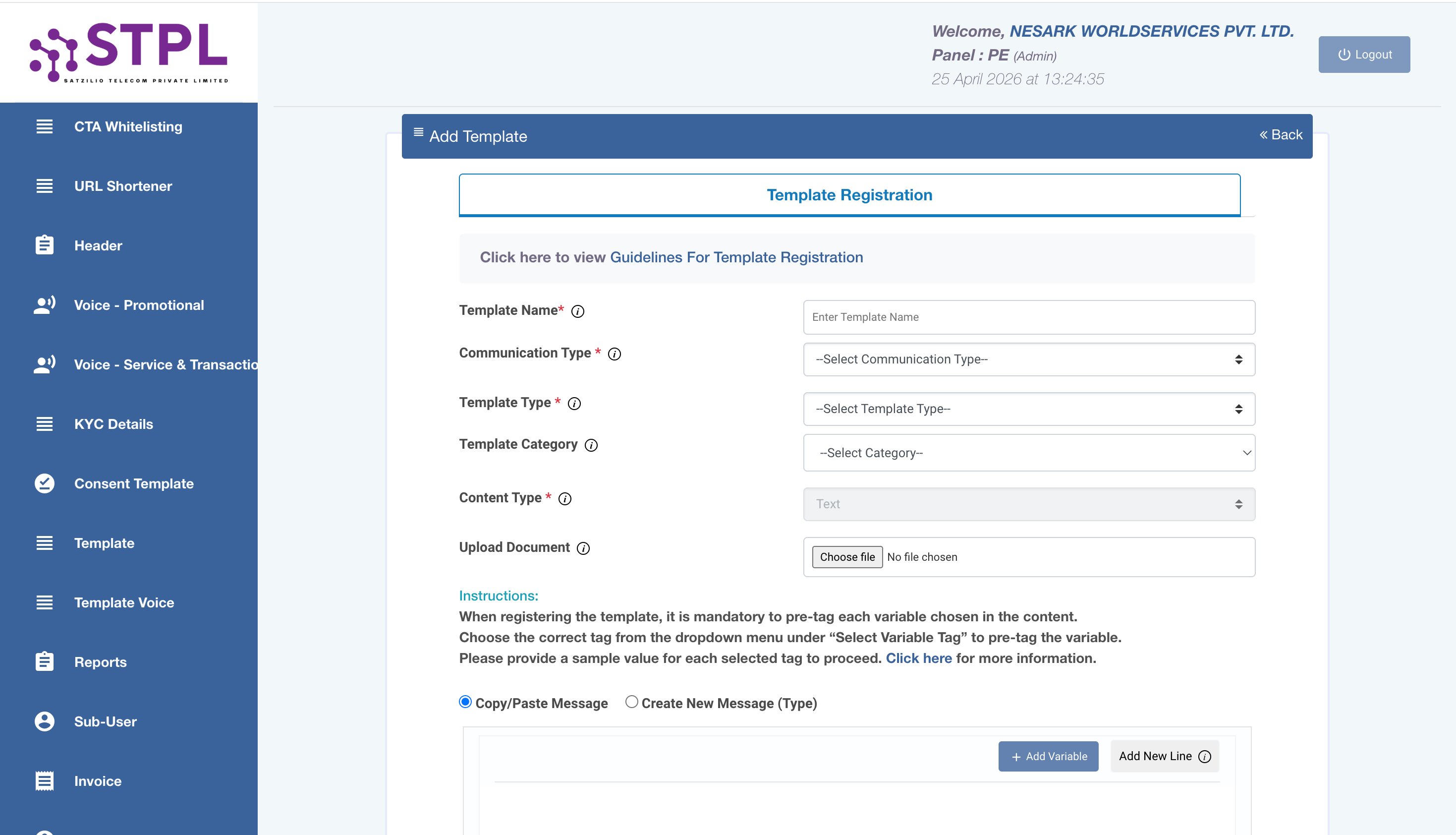 SmartPing — Add Template Form (New Template)