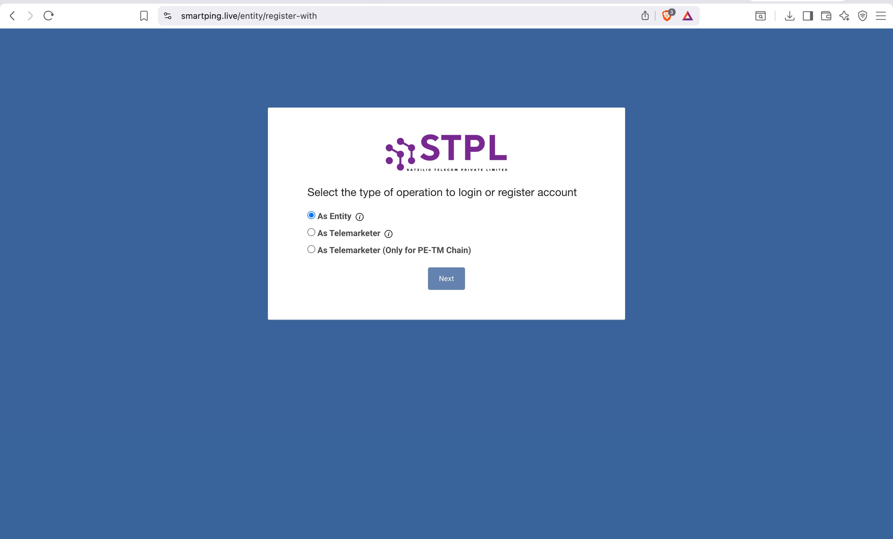 SmartPing — Select Registration Type (smartping.live/entity/register-with)