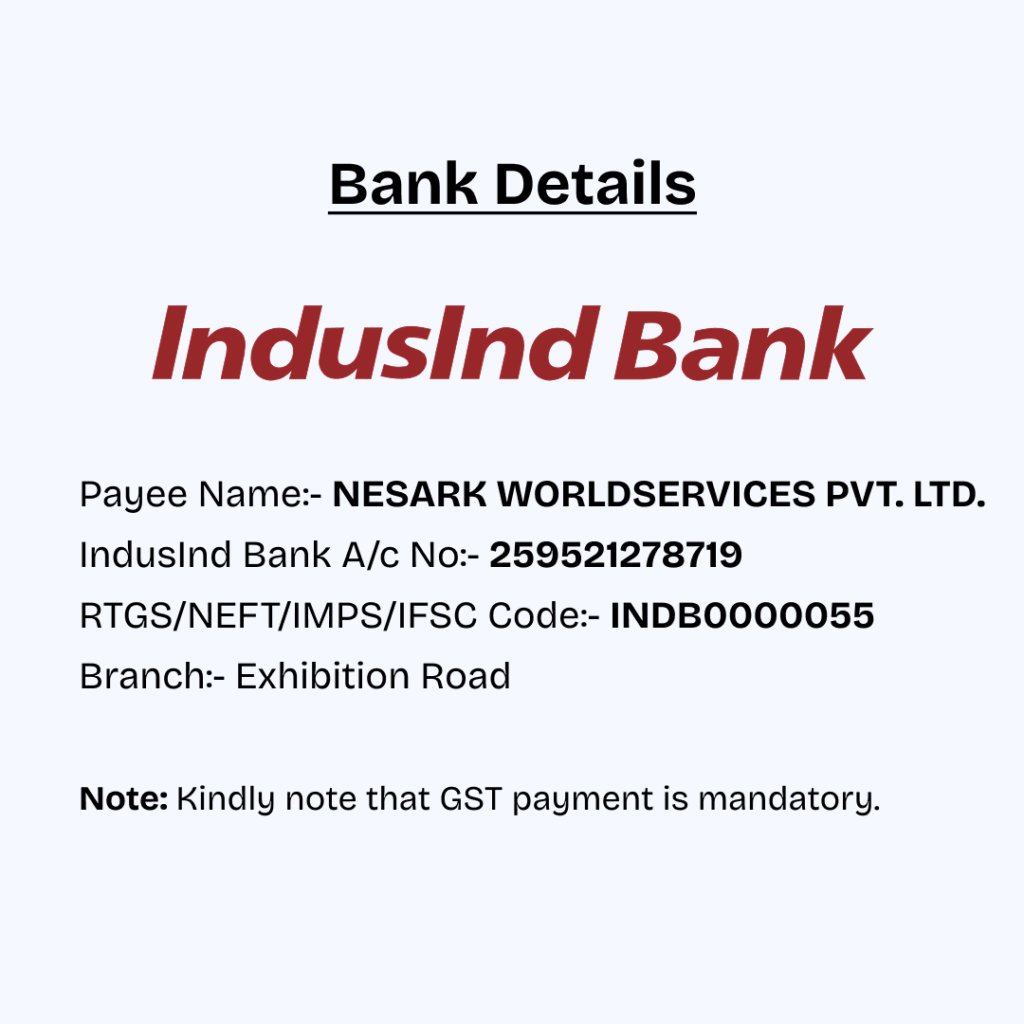 Nesark Worldservices Pvt. Ltd. IndusInd Bank account details for client payments