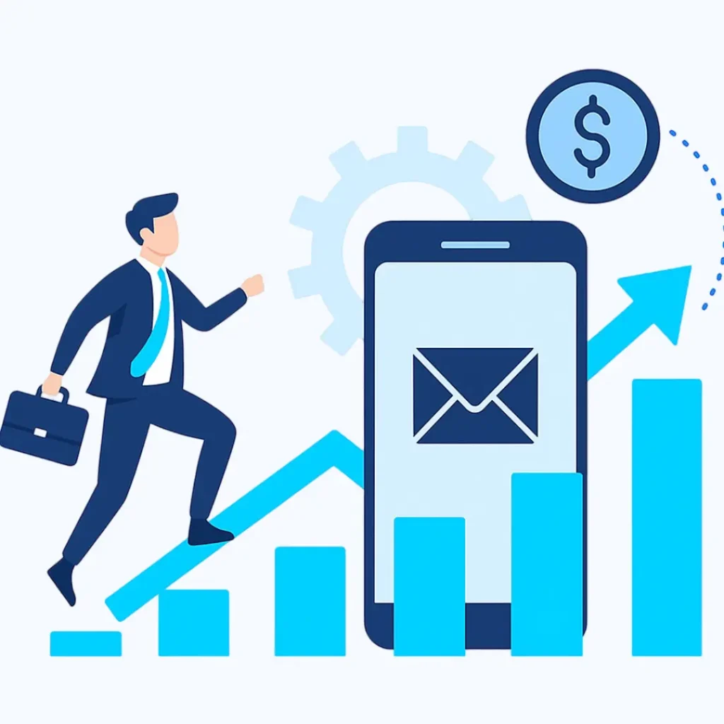 Businessman climbing growth chart beside smartphone with SMS icon, representing business expansion through Bulk SMS marketing and communication services.