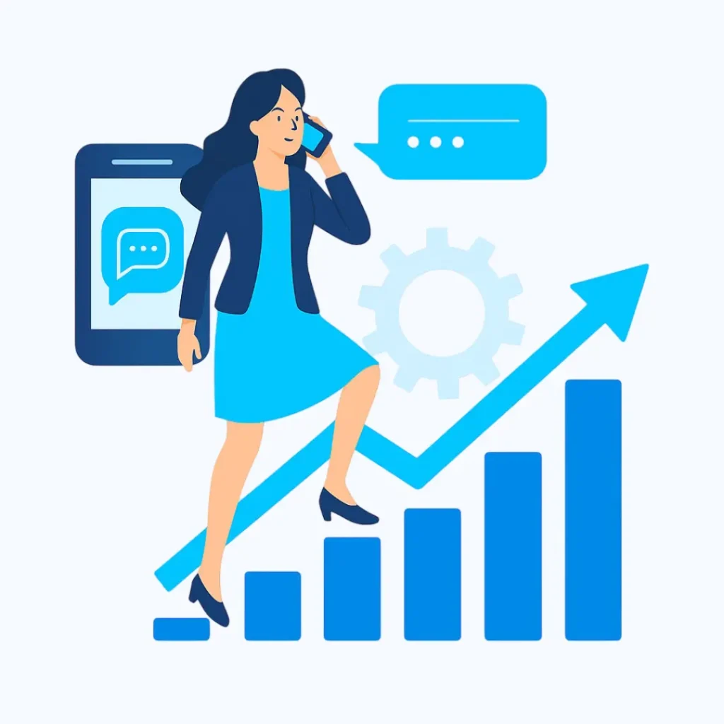 Businesswoman talking on phone beside smartphone with chat icon and upward growth chart, symbolizing business communication and customer engagement through RCS messaging services.