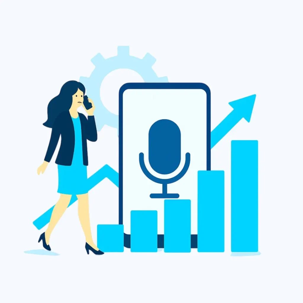 Businesswoman talking on phone beside smartphone with microphone icon and rising growth chart, representing automated bulk voice call services for business communication and marketing.